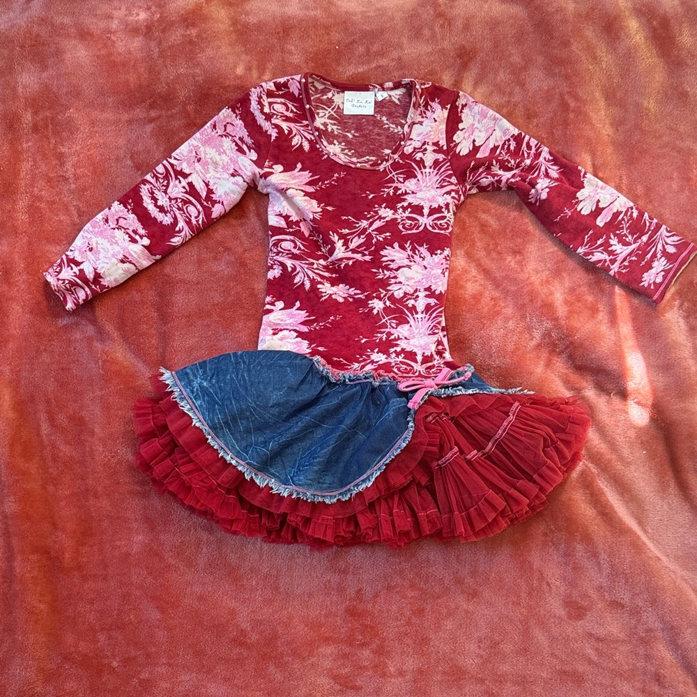 Floral Red and Blue Dress with Ruffle Skirt